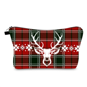 Christmas Reindeer Plaid Makeup Bag Polyester Zipper Cosmetic Pouch Travel Storage Organizer For Women Festive Gift