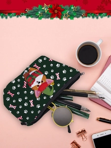Flachbild der Kosmetiktasche mit Weihnachts-Corgi-Print und Zubehör auf rosa Grund