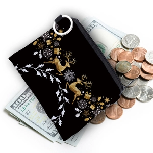 Christmas reindeer print coin purse with gold elk pattern and durable metal keychain