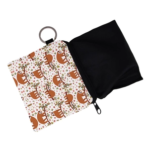 Waterproof white canvas coin purse with cute sloth and pink floral print and metal keyring