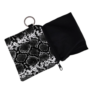 Waterproof snake print coin purse with silver key ring and black fabric lining detail