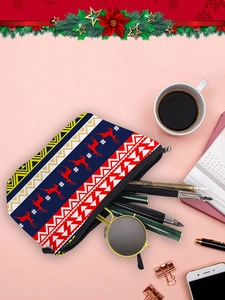 Flat lay of Christmas makeup bag with reindeer prints showing spacious storage capacity