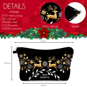 Christmas reindeer printed makeup bag with gold snowflake pattern on black polyester