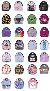 Collection of 27 neoprene lunch bags with diverse animal and emoji prints for daily use