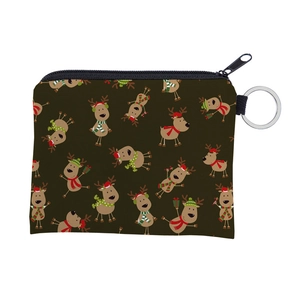 Detail of Christmas reindeer coin purse with waterproof fabric and metal keychain