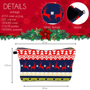 Christmas printed cosmetic bag with reindeer pattern and detailed size specifications