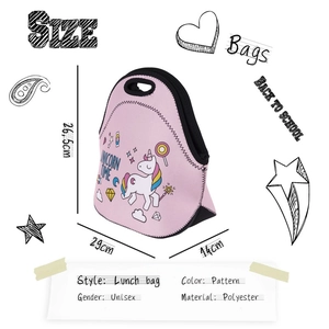 Pink insulated polyester unicorn lunch bag for kids school featuring waterproof design