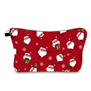 Christmas Santa Claus Print Makeup Bag Women Travel Polyester Sponge Lining Snowflakes Pattern Zipper Toiletry Organizer Storage Pouch Festive Red Holiday Gift
