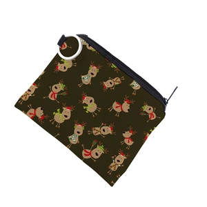Detail of waterproof Christmas coin purse with reindeer pattern and metal keychain clip