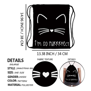 Black polyester drawstring bag with white cartoon cat print and I am so perfect text