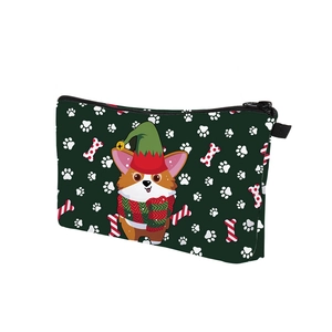 Detail der Weihnachts-Corgi-Kosmetiktasche mit Reißverschluss und festlichem Muster