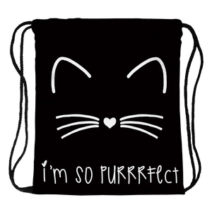 Cute Cat Print Drawstring Bag Black Polyester Waterproof Travel Storage Backpack With Letter Pattern For Men Women