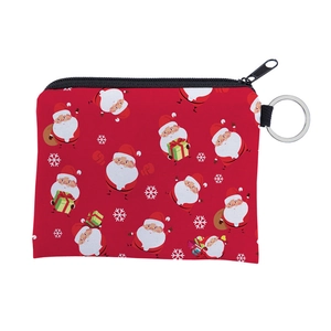Detail of red Christmas coin purse with Santa print, waterproof fabric and key ring
