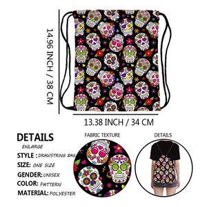 Polyester drawstring backpack featuring a colorful Mexican Sugar Skull print 38x34cm