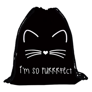 Black drawstring travel storage bag with cute white cat print and I'm So Purrrrfect slogan