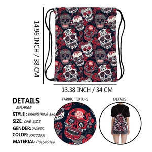 Unisex polyester drawstring bag with colorful Mexican sugar skull print for travel
