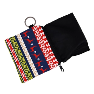 Christmas reindeer pattern small zipper coin purse with metal keychain and snow motifs