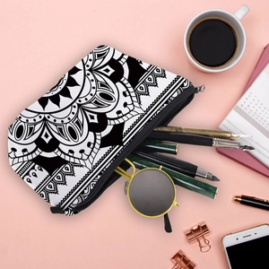 Mandala pattern makeup bag featuring black and white floral prints for daily storage