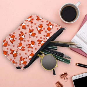 Waterproof Corgi dog print makeup bag with zipper for travel and stationery storage