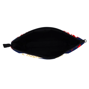Christmas makeup bag with colorful geometric patterns and black zipper closure