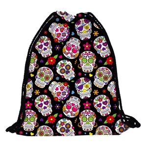 Mexican sugar skull drawstring backpack for travel with colorful floral skull pattern print
