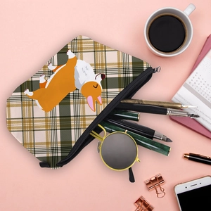 Waterproof Corgi print plaid cosmetic bag with rectangular zipper for travel