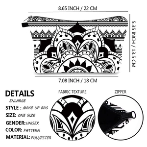 Mandala print polyester makeup bag with black zipper and precise dimension markings