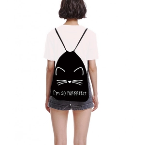 Black drawstring backpack with white minimalist cat face print and I'M SO PURRRfECt text