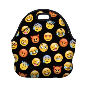 Detail of waterproof neoprene lunch bag with colorful emoji pattern and cutout handle