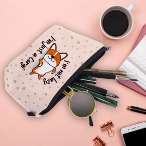 Waterproof Corgi print makeup bag for travel, pink dotted pattern multi-use storage pouch