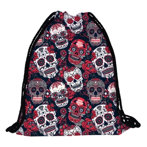 Lightweight drawstring backpack featuring Mexican sugar skull and red rose prints