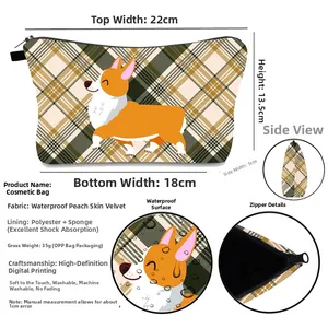 Detail of waterproof Corgi dog print makeup bag with size guide and texture macro