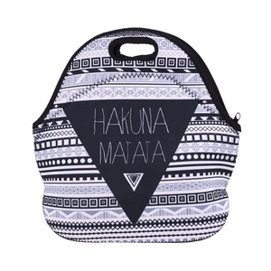 Close-up of Hakuna Matata neoprene lunch bag with black bohemian geometric patterns