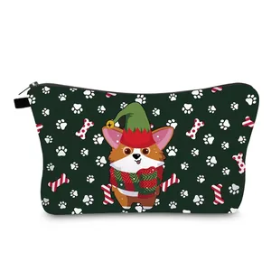 Weihnachts Corgi Muster Kosmetiktasche Dunkelgrün Polyester Reise Make-up Beutel Reißverschluss Organizer Für Damen Mädchen