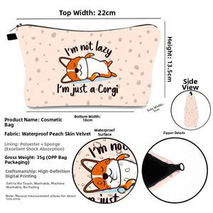 Waterproof Corgi makeup bag details with specific size dimensions and fabric texture info
