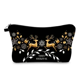 Polyester Christmas Reindeer Print Makeup Bag Portable Zipper Cosmetic Pouch Travel Wash Organizer For Women Holiday