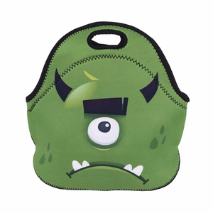 Detail view of green monster neoprene lunch bag with waterproof printed pattern
