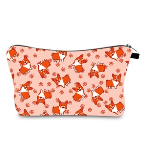 Waterproof cartoon Corgi print makeup bag with pink background and zipper closure