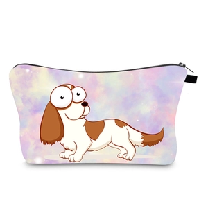 Cute corgi dog print makeup bag with purple galaxy pattern and smooth black zipper