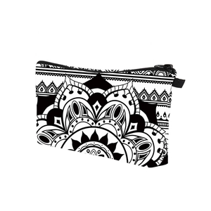 Detailed side view of mandala pattern makeup bag with black zipper on white background