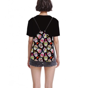 Mexican sugar skull drawstring backpack with colorful calavera print and black straps
