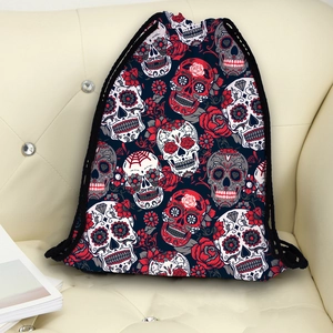 Mexican sugar skull print drawstring backpack in navy blue with red floral pattern