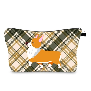 Waterproof travel toiletry bag featuring a cute corgi dog on brown plaid background