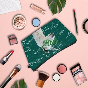 Water-resistant travel makeup bag with cute alpaca and math formula print design
