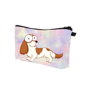 Detail of cute Corgi print makeup bag with purple gradient design and black zipper handle