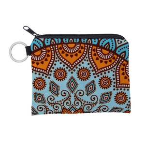 Macro detail of waterproof mandala coin purse with durable zipper and metal keyring