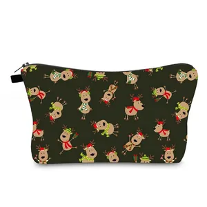 Trousse De Maquillage De Noël Avec Imprimé Renne De Dessin Animé En Polyester Durable Avec Doublure En Éponge Pochette De Voyage Portable Avec Fermeture Éclair Pour Femme