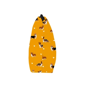Detail of waterproof orange corgi dog print makeup bag with black zipper and lanyard