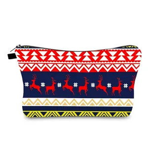 Christmas Makeup Bag Polyester Travel Toiletry Wash Bag Reindeer Snowflake Print Portable Women Cosmetic Pouch Holiday Bag