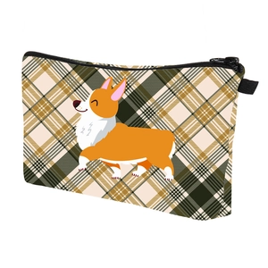 Detail view of the black zipper and handle on a plaid Corgi digital print makeup bag